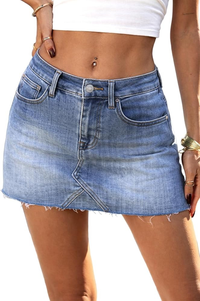 ELLEVEN Denim Mini Skirt Low Rise with Shorts, Raw Hem High Stretch Y2k Casual Jean Skort with Po... | Amazon (US)