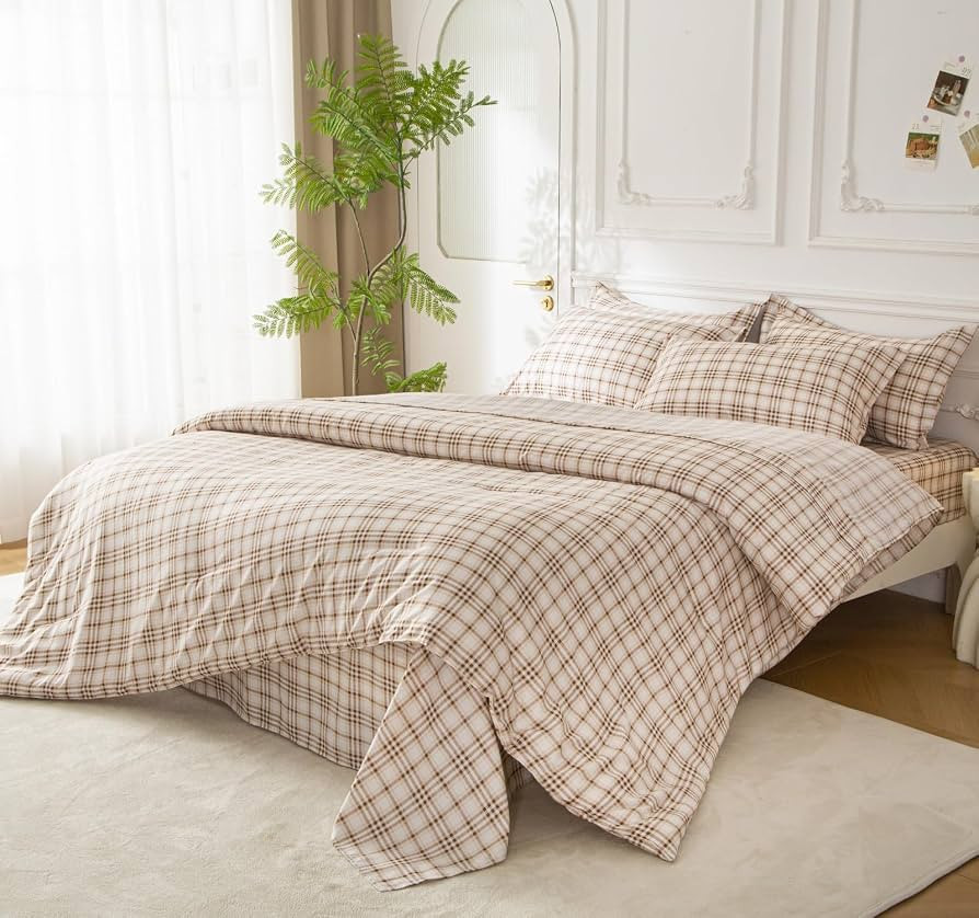 SDY Brown Plaid Queen Comforter Set, Luxury Soft Bed in a Bag Queen Size 7 Pieces, All Season Bed... | Amazon (US)