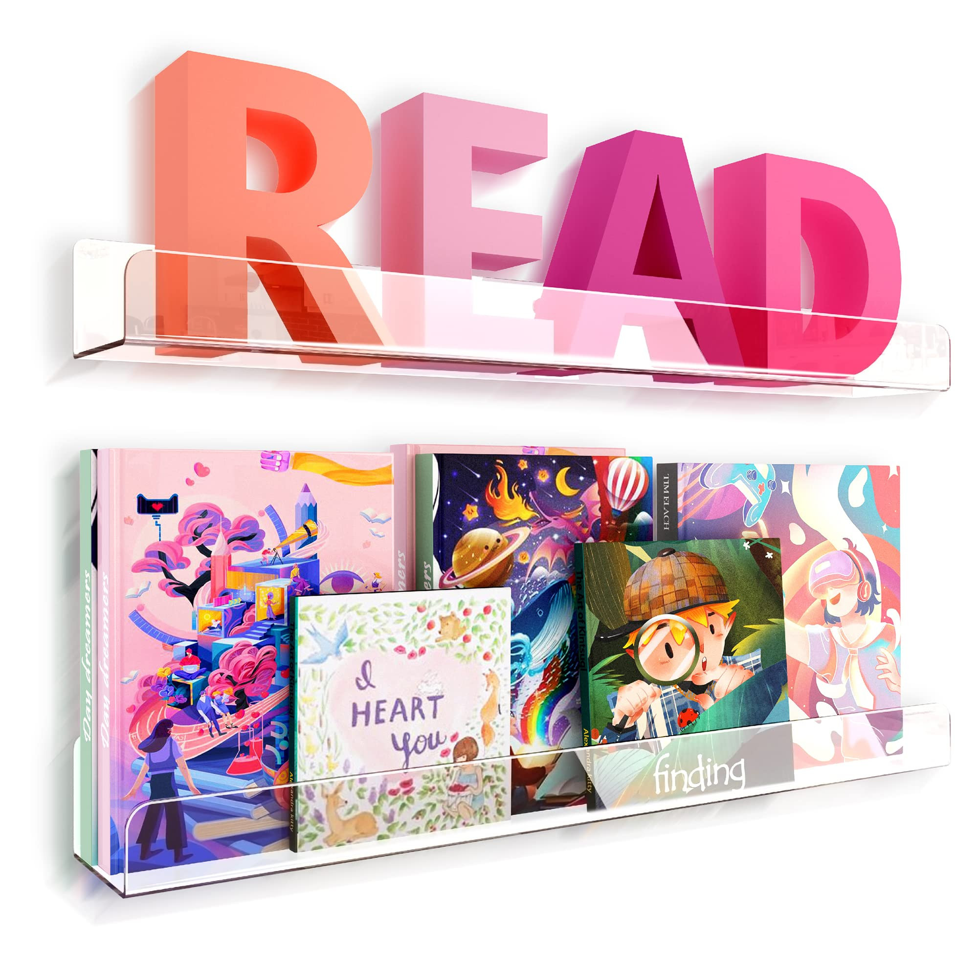24 inches Wall Mounted Kids Bookshelf, Clear Acrylic Display Book Shelves for Kids Room Nursery T... | Amazon (US)