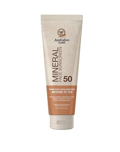 Australian Gold SPF 50 Tinted Mineral Face Sunscreen, Medium to Tan, 2.5 fl oz, Broad Spectrum, Non-Greasy BB Cream with Blue Light & Sun Protection, 4% Zinc Oxide & Titanium Dioxide, Hypoallergenic | Amazon (US)
