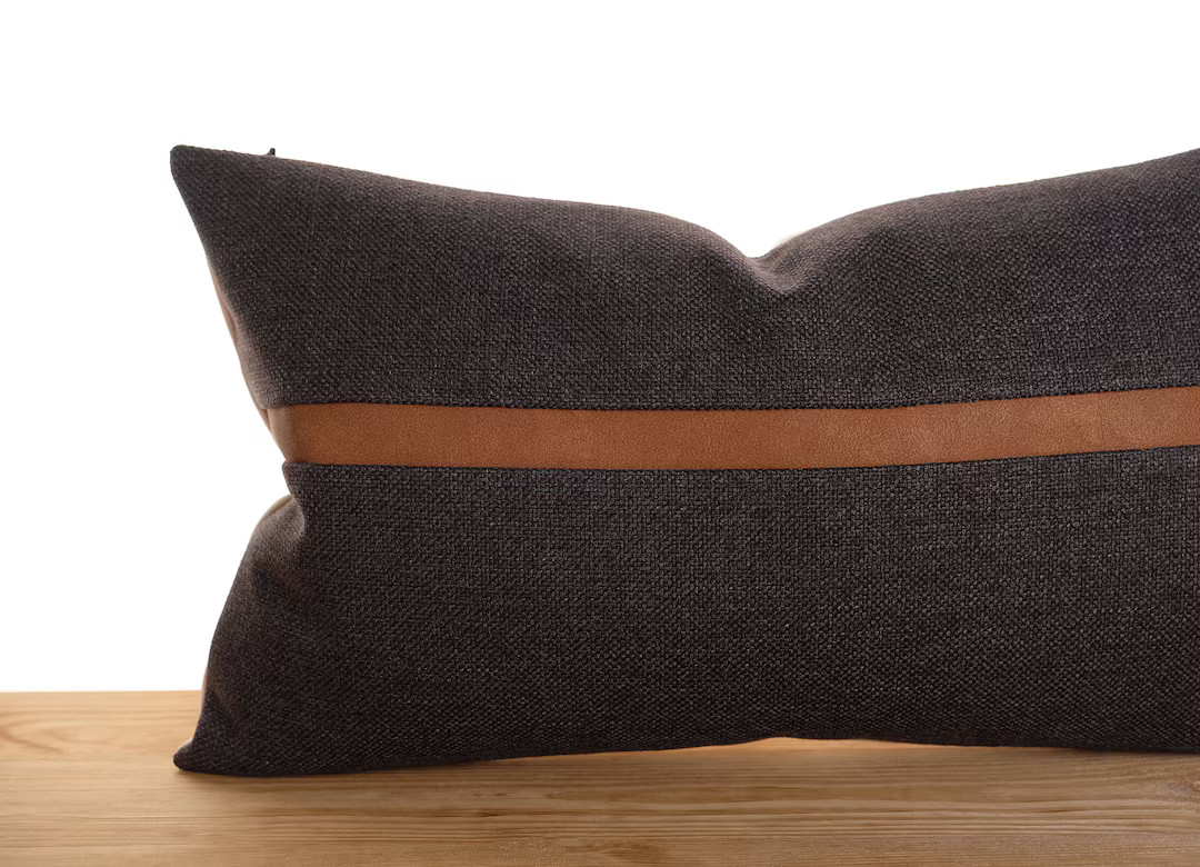 Faux Leather Accent Stripe Charcoal Black Lumbar Throw Pillow Cover Dark Gray Cushion Cases Headb... | Etsy (US)