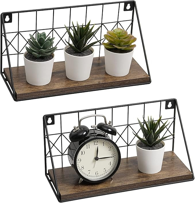 Snughome Floating Shelves Wall Mounted Set of 2, Modern Black Wire Metal Wood Wall Storage Organi... | Amazon (US)