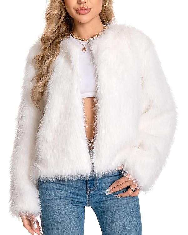 Fur Coat for Women,Faux Furry Long Sleeve Cropped Fluffy Jacket Open Front Coat Shaggy Warm Fall ... | Amazon (US)