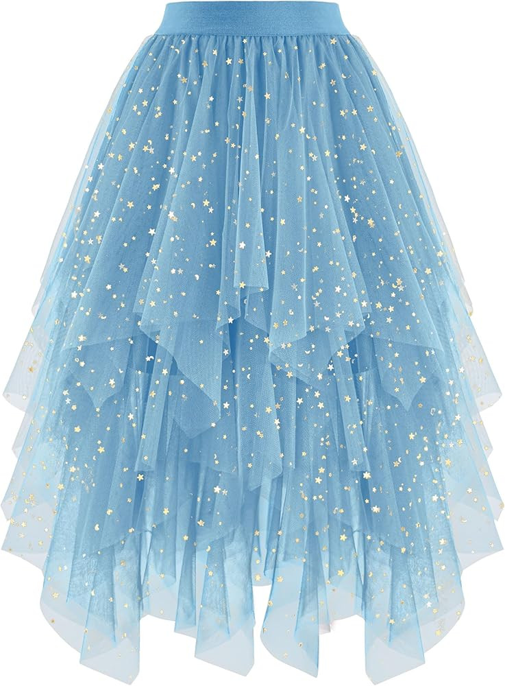 Ellames Women's Tulle Skirts High Low Layered Puffy Fairy Skirts Midi Length Irregular Tutu Skirt | Amazon (US)