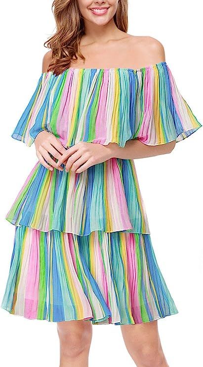 BEBPILOO Women's Off The Shoulder Mini Layered Ruffles Dress Summer Short Sleeve Loose Casual Chi... | Amazon (US)