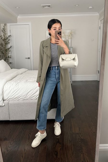 • draped trench coat xxs petite - finally found a currently stocked version of my olive green trench from years ago! Such a good lightweight and drapey layer for throwing on over casual and workwear. Fully lined with a relaxed fit. 

Linked a few other pieces I’m also eying from Br factory!
•A+F jeans 24 short
•Everlane court sneakers sz 5
•Everlane tee - old, current options linked 
•Polene bag (not linkable on LTK)

#petite smart casual spring denim outfit 

#LTKstyletip #LTKsalealert #LTKFind