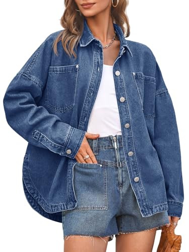 PLNOTME Women's Oversized Denim Jacket Long Sleeve Vintage Button Down Boyfriend Jean Jacket | Amazon (US)