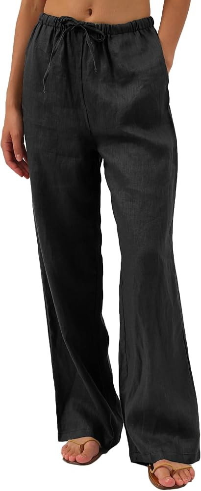 Amazhiyu Womens Pure Linen Summer Drawstring Flowy Wide Leg Pants with Pockets | Amazon (US)