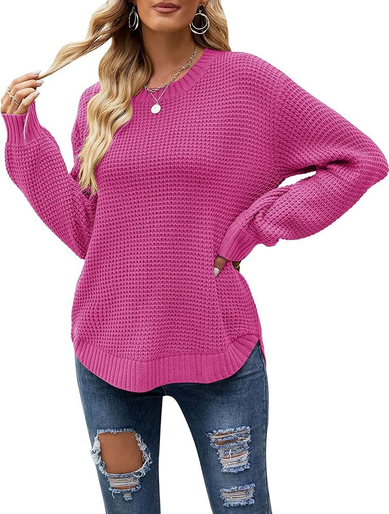 MEROKEETY Women's 2023 Casual Fall Waffle Knit Sweater Long Balloon Sleeve Loose Pullover Jumper | Amazon (US)