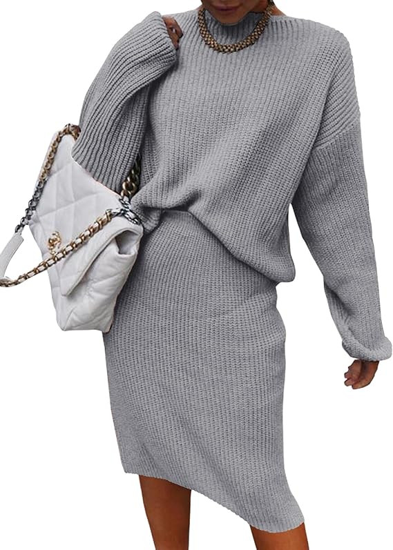 BTFBM Women's 2 Piece Skirts Outfits Long Sleeve Knit Pullover Split Bodycon Midi Skirt Fall Wint... | Amazon (US)