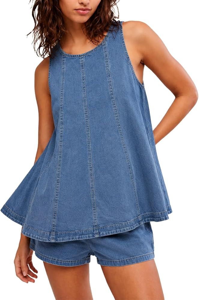 Denim Two Piece Outfits for Women Sleeveless Flared Tank Top High Waisted Shorts Casual Summer Je... | Amazon (US)