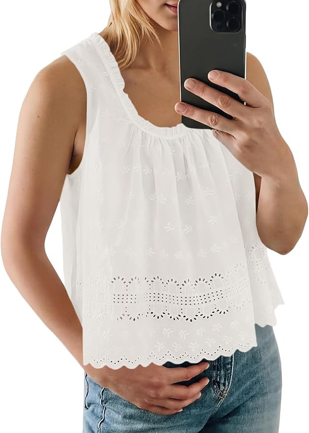 Tankaneo Womens Eyelet Tank Top Summer Floral Embroidered Scoop Neck Babydoll Tops Sleeveless Cas... | Amazon (US)