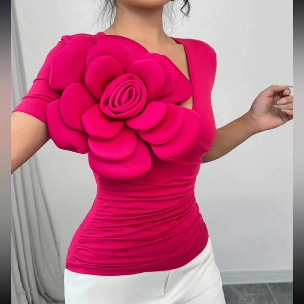 Deep V-Neck 3D Flower Ruched Waist Slim Fit Short Sleeve Top Blouse Shirt Pink | Poshmark