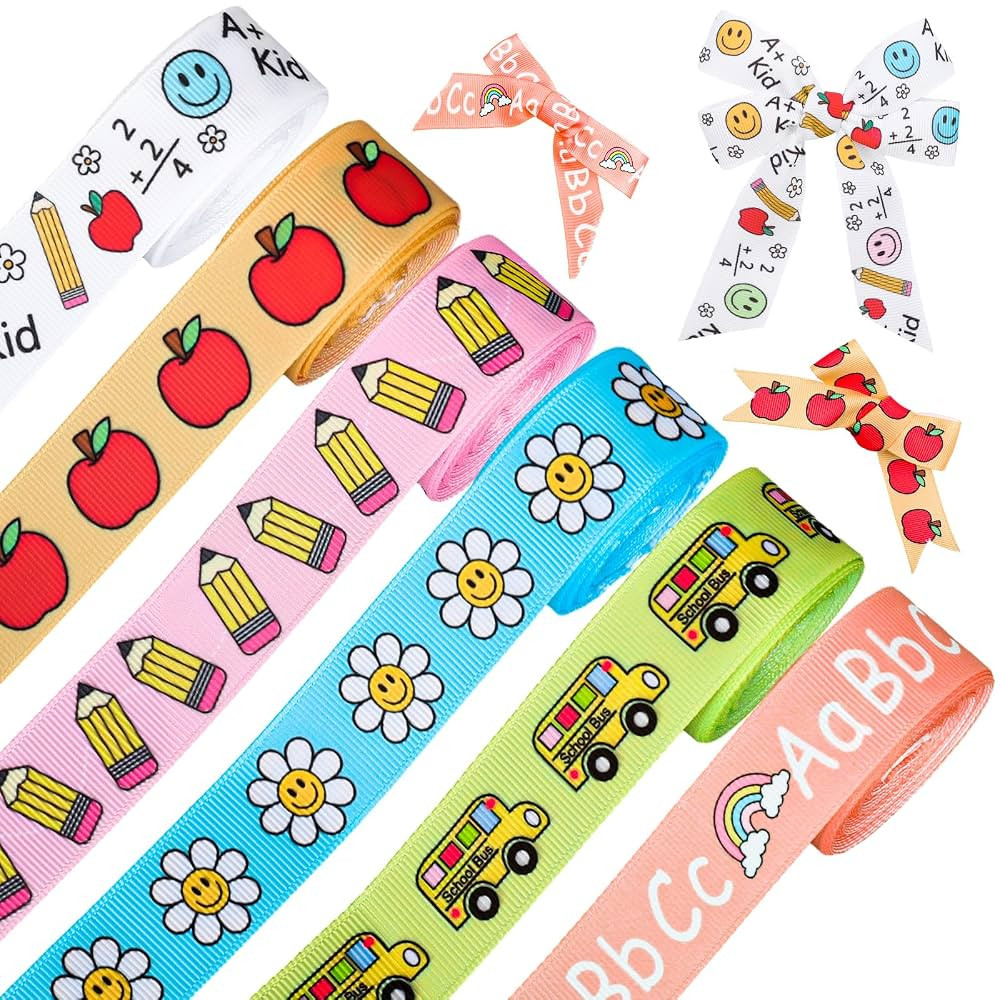 Whaline 6 Rolls Back to School Grosgrain Ribbons Groovy Pastel Fabric Craft Ribbon School Bus Dai... | Amazon (US)