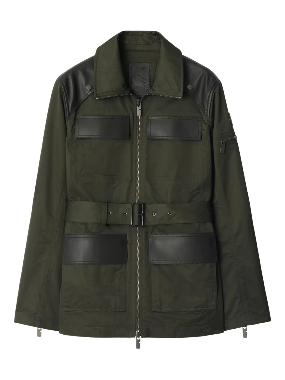 Burberry leather-trim belted jacket - Green | Farfetch Global