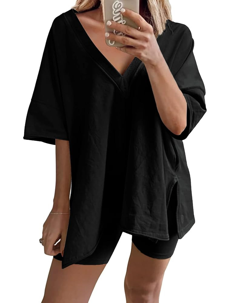 LTSCNRM 2 Piece Outfits for Women Reversible Oversized T Shirt Biker Shorts Sets Workout Tracksui... | Amazon (US)