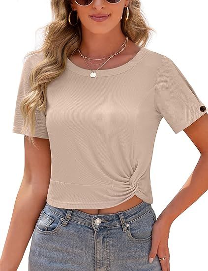 MANER Women's Casual Scoop Neck Crop Top Ribbed Knit Short Sleeve T-Shirt | Amazon (US)