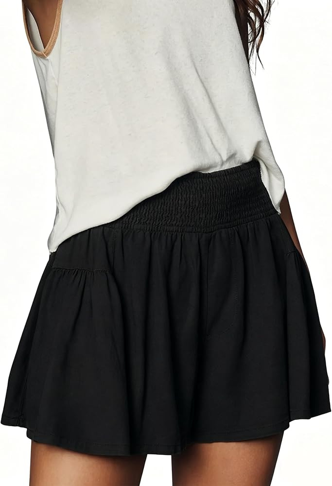 Linen Shorts for Women Summer Casual High Smocked Waist Wide Leg Lounge Baggy Beach Skirty Shorts | Amazon (US)