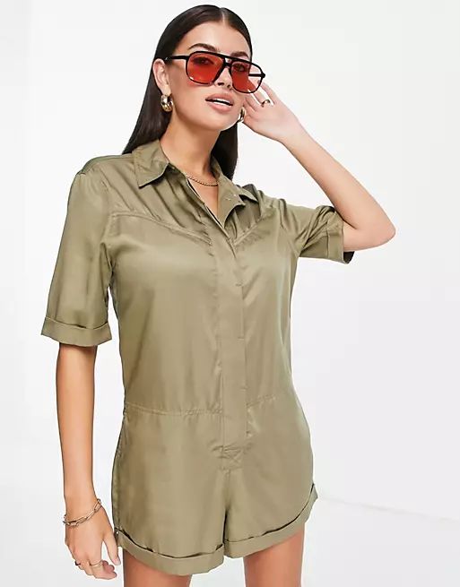 River Island button through denim playsuit in khaki | ASOS (Global)