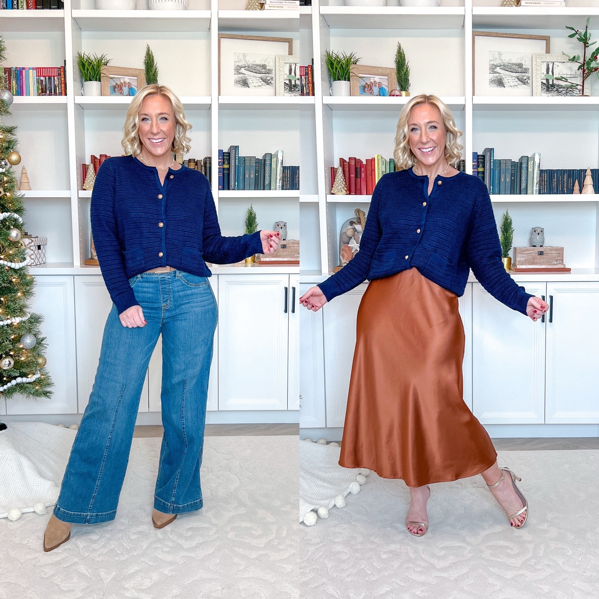 Pocket cardigan 2 ways. 
• pocket cardigan - size medium, could have done a size smaller. Gold buttons, lady like cardigan.
• wide leg jeans - size medium petite, pull in waist (use code LESLIEXSPANX).
• satin skirt - size large. Elastic waistband.
• jewelry & belt linked  

#LTKSeasonal #LTKHoliday #LTKfindsunder50