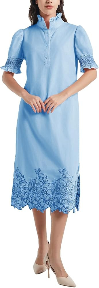 Womens Casual Shirt Dress Button Down Short Sleeve Midi Dress Flower Embroidery Slit Spring Summe... | Amazon (US)