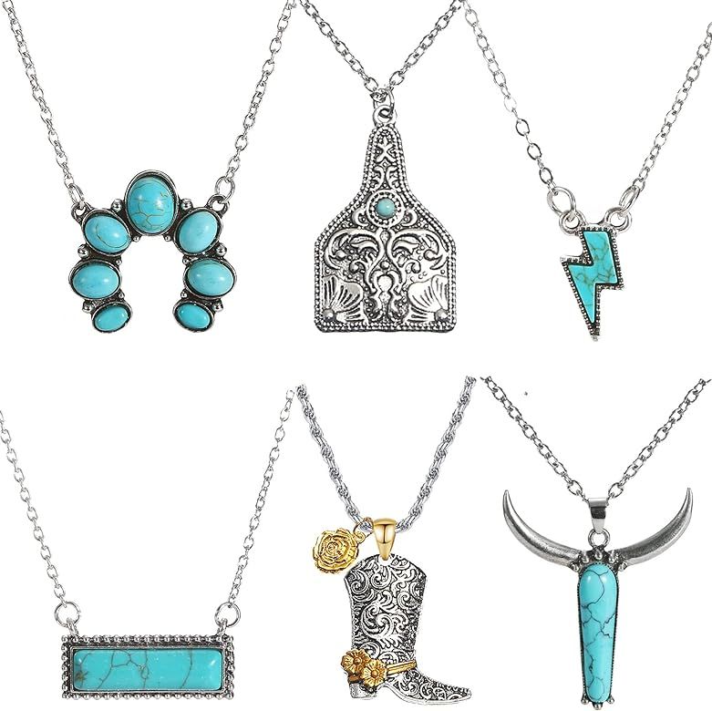 JEWPARK 6Pcs Western Necklace Set for Women Men Turquoise Cowgirl Necklaces Cattle Tag Boot Light... | Amazon (US)