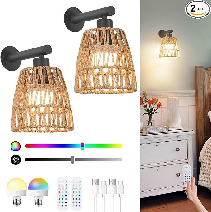 Boho Battery Operated Wall Sconces, Rattan Wall Sconce Set of 2 with Remote, RGB 15 Colors Dimmab... | Amazon (US)