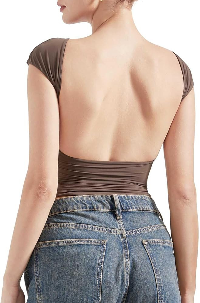SUUKSESS Women Backless Sexy Going Out Tops Double Lined Open Back Y2k Basic Tee Shirts | Amazon (US)