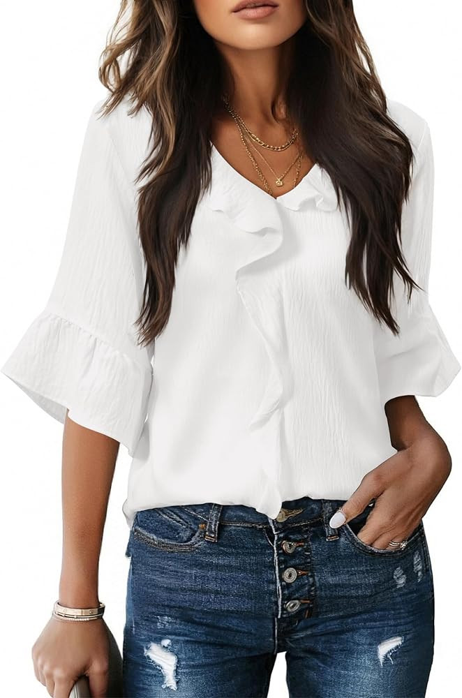 siliteelon Womens Blouses Dressy Casual 3/4 Sleeve Ruffle Bell Top Ladies Business Formal Work Sh... | Amazon (US)