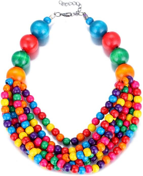 COLORFUL BLING Boho African Wooden Beaded Strands Necklace Ethnic Layered Chunky Collar Choker Wo... | Amazon (US)