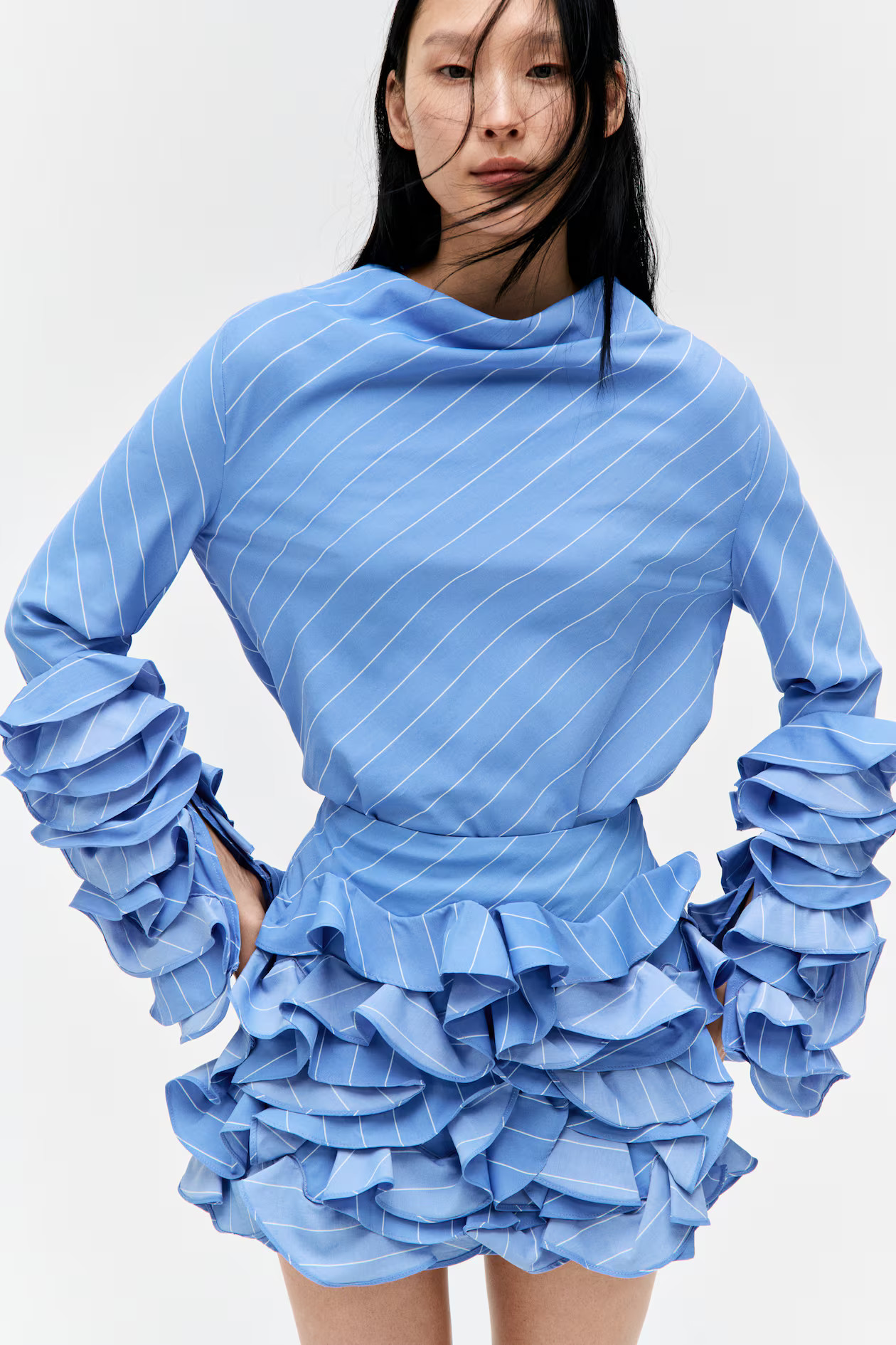 Ruffle-Sleeved Blouse - Blue/striped - Ladies | H&M US | H&M (US + CA)