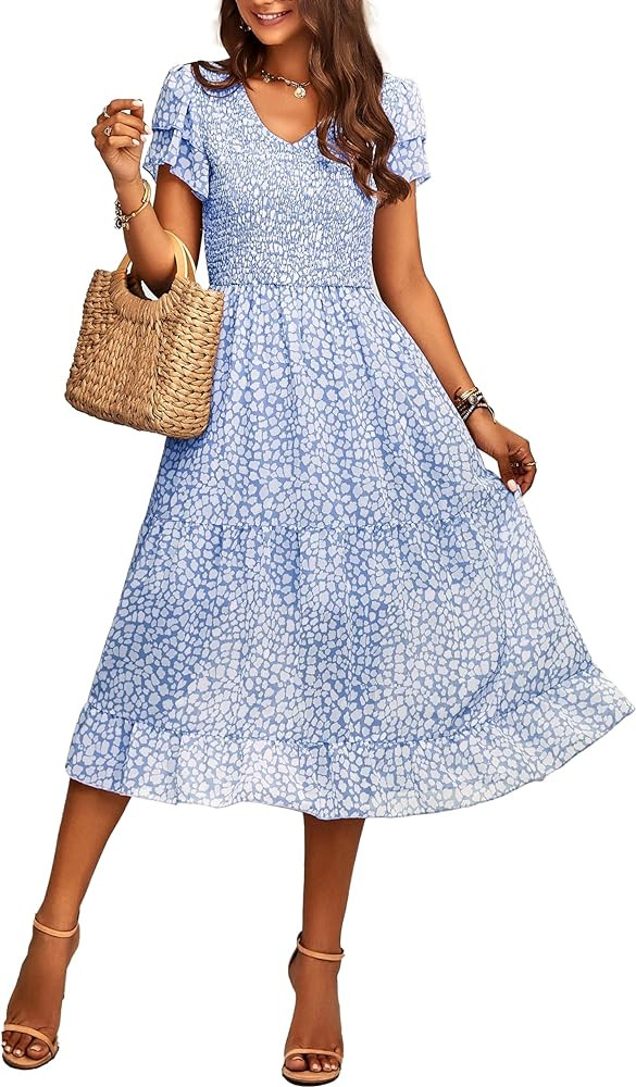 BTFBM Women Casual Summer Short Ruffles Tiered Sleeve Smocked Midi Dresses Bohemian Floral V Neck... | Amazon (US)