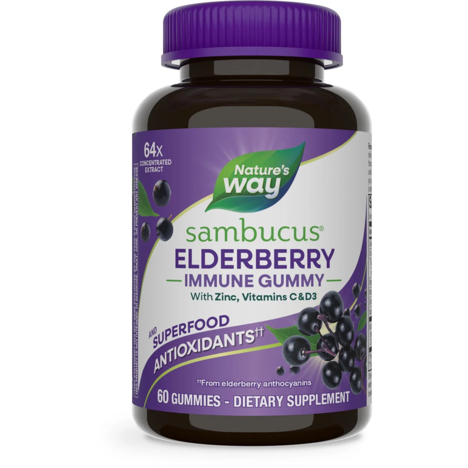 Nature's Way Sambucus Elderberry Immune Gummies, with Vitamins C, D3, & Zinc, Unisex, 60 Count | Walmart (US)