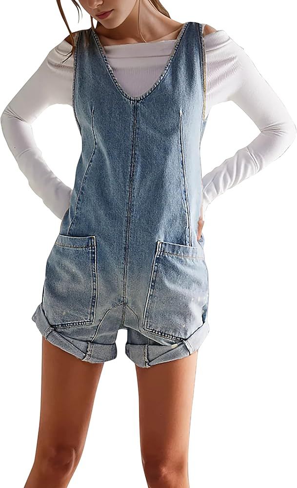 Denim Overall Shorts for Women Causal Jean Denim Romper Adjustable Straps Sleeveless Shortalls wi... | Amazon (US)