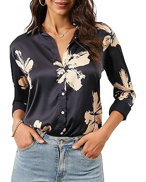 Wrinkle-Resistant Women Silky Button Down Shirts Fashion Printed Dressy Blouse Business Casual Lo... | Amazon (US)