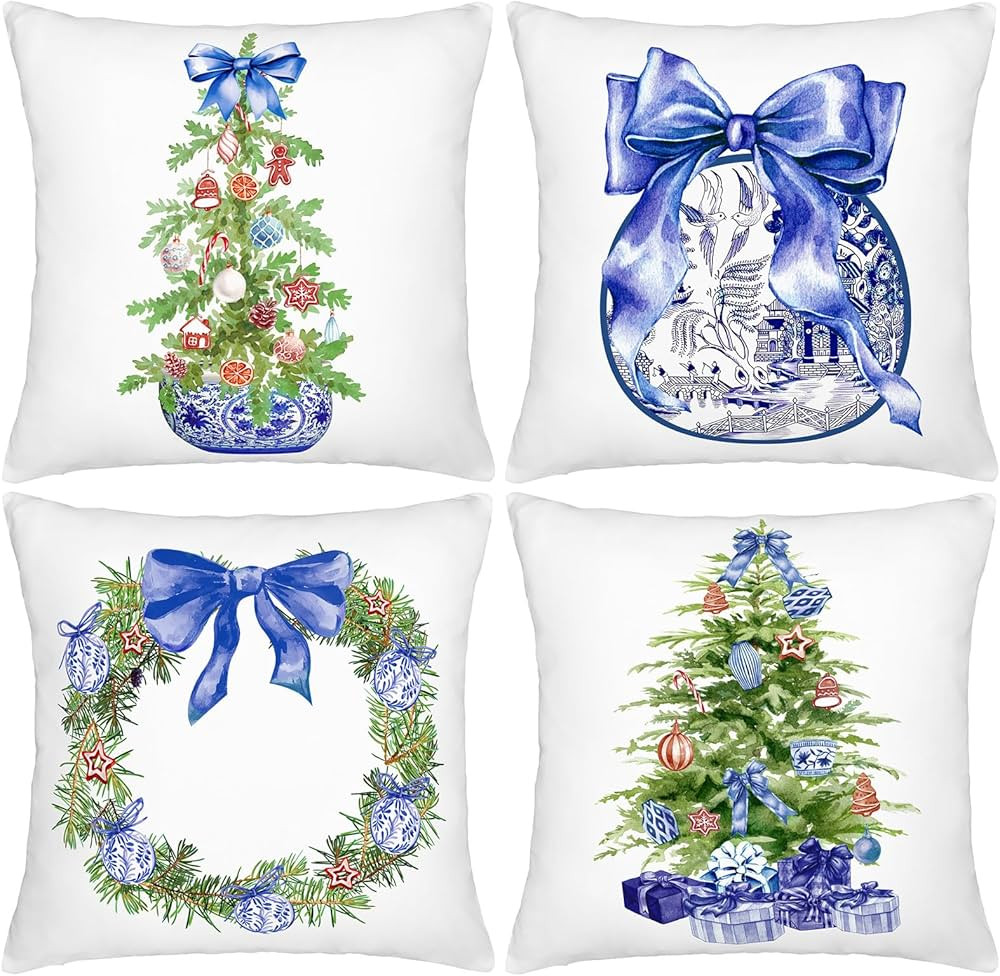 Set of 4 Chinoiserie Christmas Tree Blue Throw Pillow Covers Coquette Bows Blue and White Chinois... | Amazon (US)