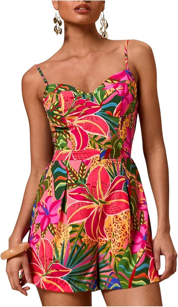 SweatyRocks Women's Spaghetti Strap Floral Print Wide Leg Romper Short Jumpsuit Summer Outfits | Amazon (US)