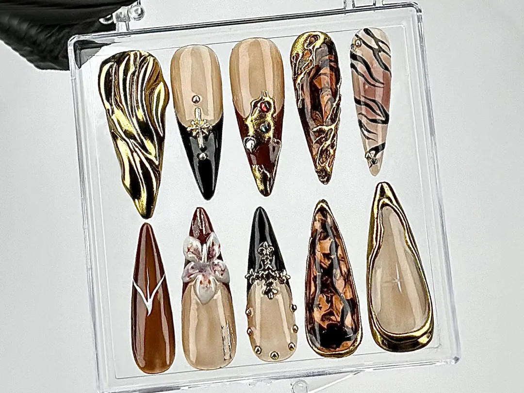 Black & Gold Marble Press On Nails | Leopard Print, Brown Fake Nails | Nature-Inspired Designs Na... | Etsy (US)