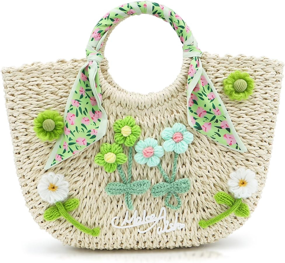 Crossbody Bags, Women's Beach Tote, Green & Beige Straw/Silk Scarf Bag, Large Capacity, Summer Ha... | Amazon (US)