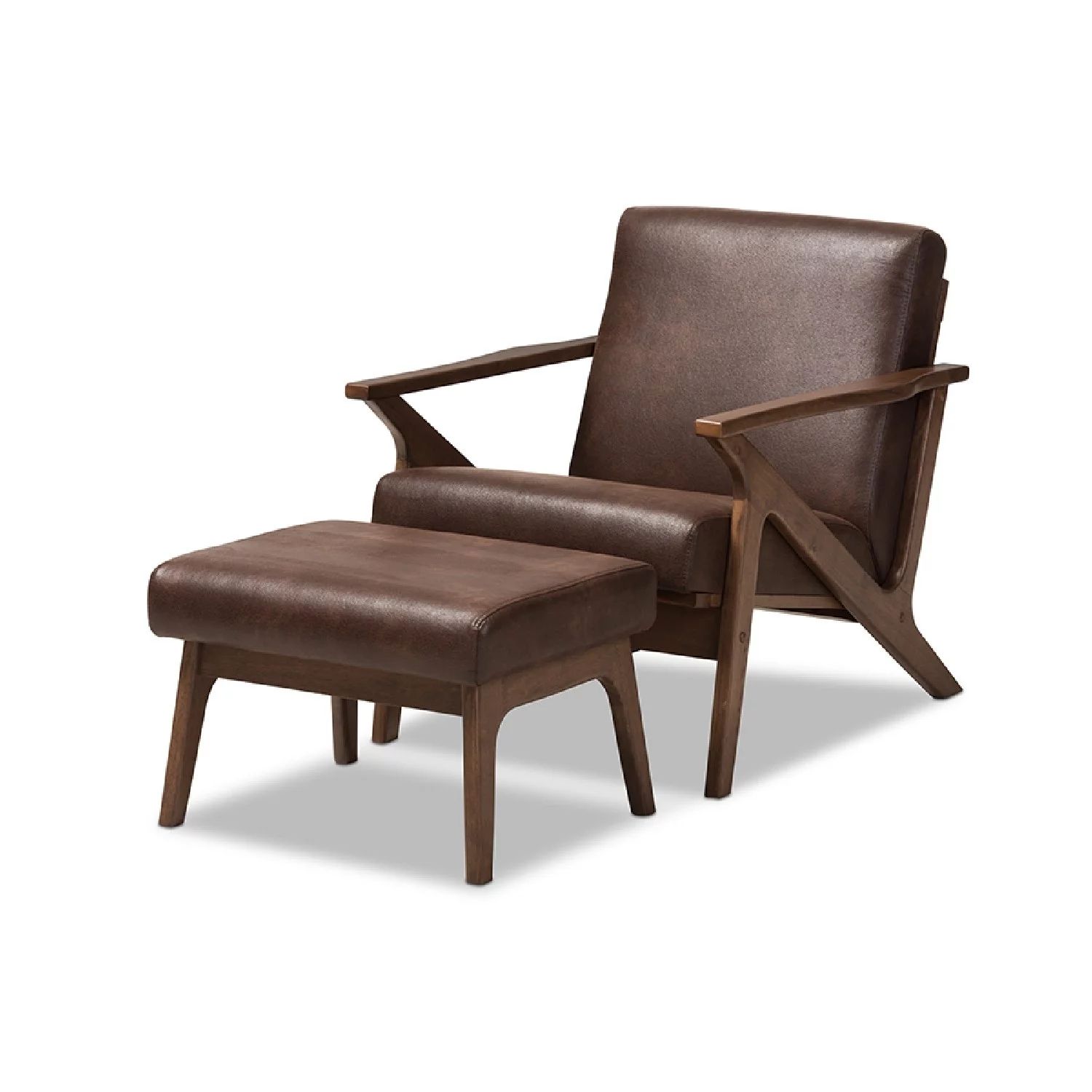 Baxton Studio Bianca Mid-Century Modern Walnut Wood Dark Brown Distressed Faux Leather Lounge Cha... | Walmart (US)