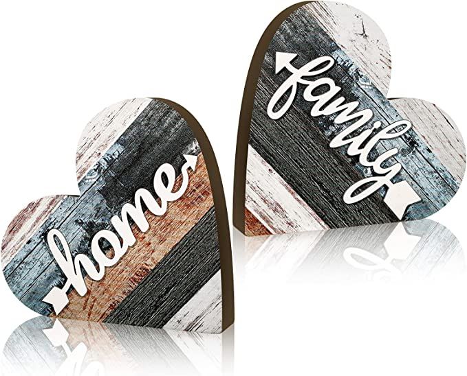2 Pieces Rustic Wood Love Home Sign Valentines Day Heart Shaped Wooden Table Centerpiece Farmhous... | Amazon (US)