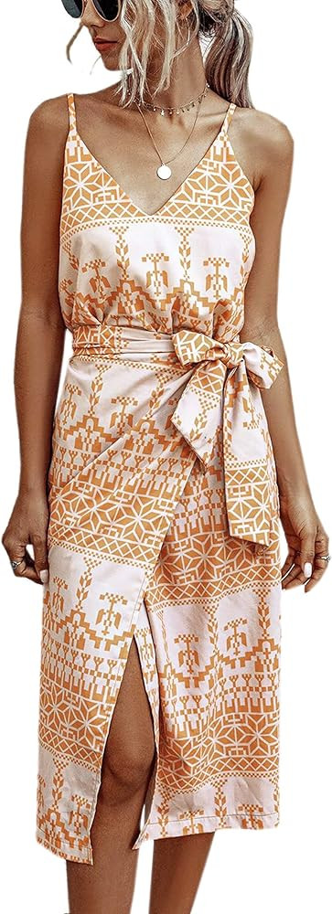 Angashion Women's Dresses - Sexy V Neck Spaghetti Strap Floral Leopard Printed Split Party Tulip ... | Amazon (US)