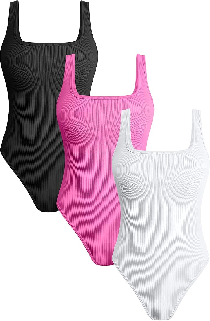 OQQ Women's 3 Piece Bodysuits Ribbed Square Neck Sleeveless Tank Tops Bodysuits | Amazon (US)