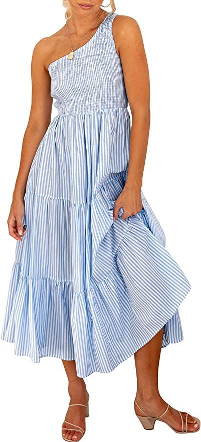 ANRABESS Women's Boho Summer Printed One Shoulder Sleeveless Smocked Flowy Tiered Beach Party Max... | Amazon (US)