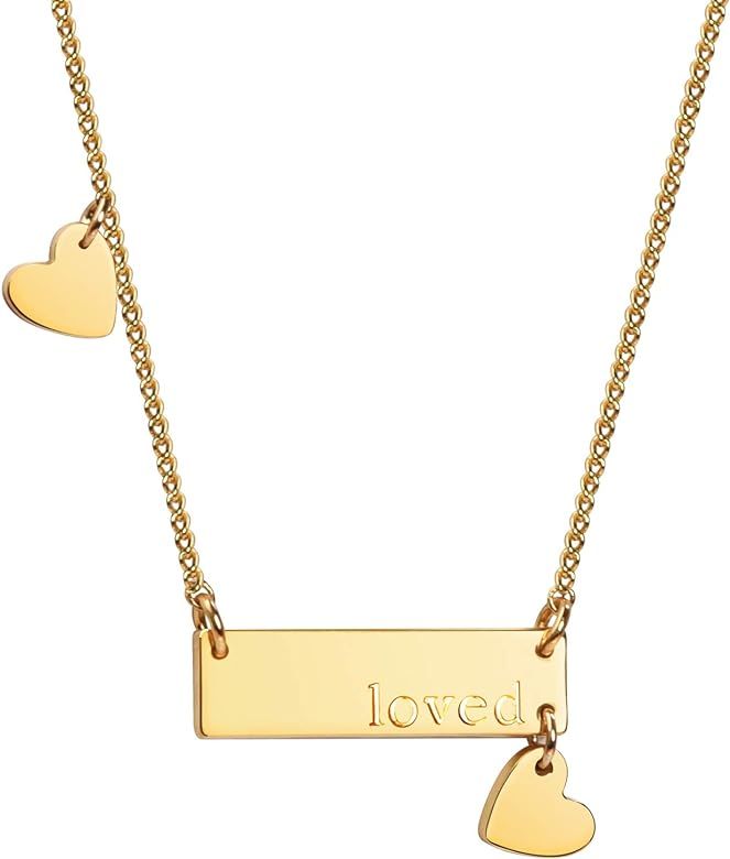 Valentine's Day Necklace 14k Gold Loved Bar Choker Necklace with 2 Heart Pendants | Amazon (US)