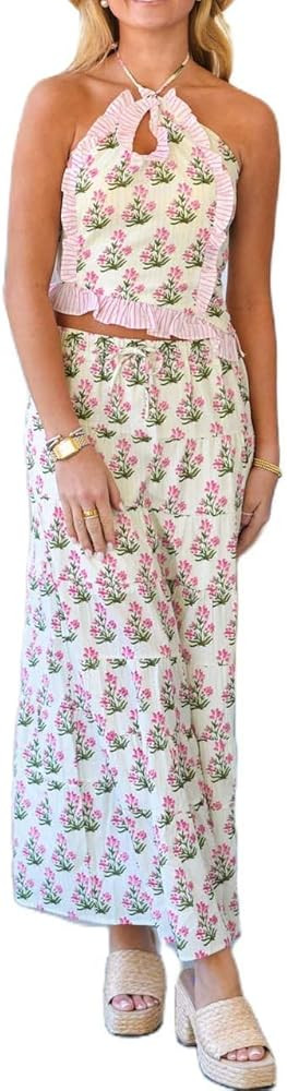 Y2k Ruffle Long Skirt Sets for Women 2 Piece Outfits Summer Ruched Backless Cami Top Matching Boh... | Amazon (US)