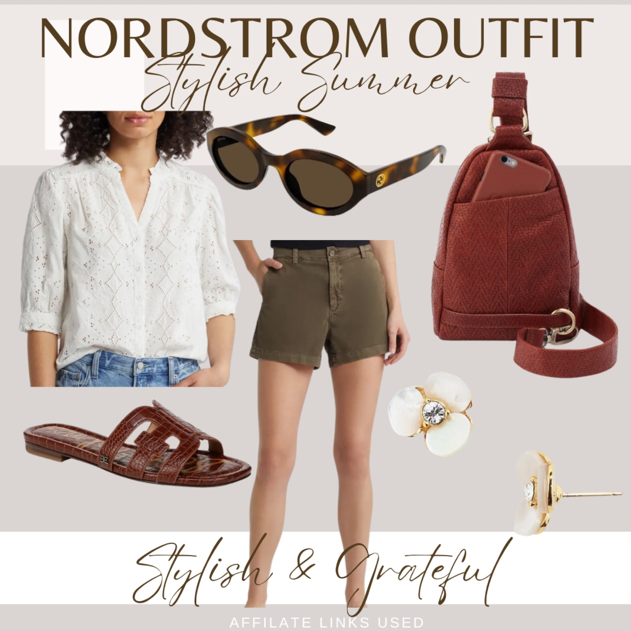 Achieve effortless style this summer with this casual chic outfit from Nordstrom. Featuring a delicate white eyelet blouse paired with olive green shorts, this ensemble offers a perfect blend of comfort and elegance. The outfit is accessorized with a stylish red sling bag, tortoise-shell sunglasses, and charming floral stud earrings. Complete the look with brown woven slide sandals for a touch of sophistication. This versatile outfit is perfect for a variety of summer activities. Shop this casual yet stylish summer look now! #StylishAndGrateful #SummerOutfit #NordstromFashion #CasualChic #AffiliateLinks

#LTKMidsize #LTKOver40 #LTKTravel