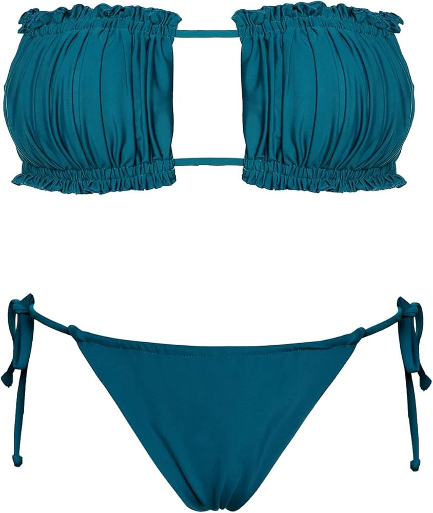 Byoauo Women Bandeau Bikini Top with Tie Side Thong Bottom Bathing Suit | Amazon (US)