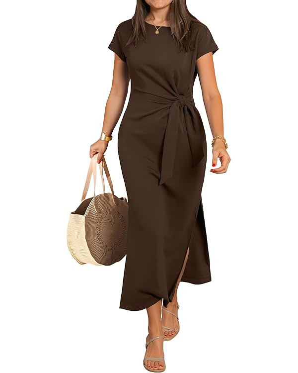 ANRABESS Womens Summer Maxi Dress Casual Crew Neck Tie Waist Split Wrinkle-Free Fit Long Fashion ... | Amazon (US)