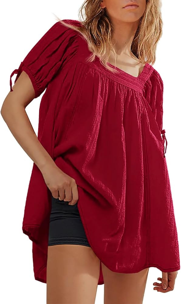 Tankaneo Womens Square Neck Babydoll Tops Summer Puff Short Sleeve Tunic Shirts Casual Loose Fit ... | Amazon (US)